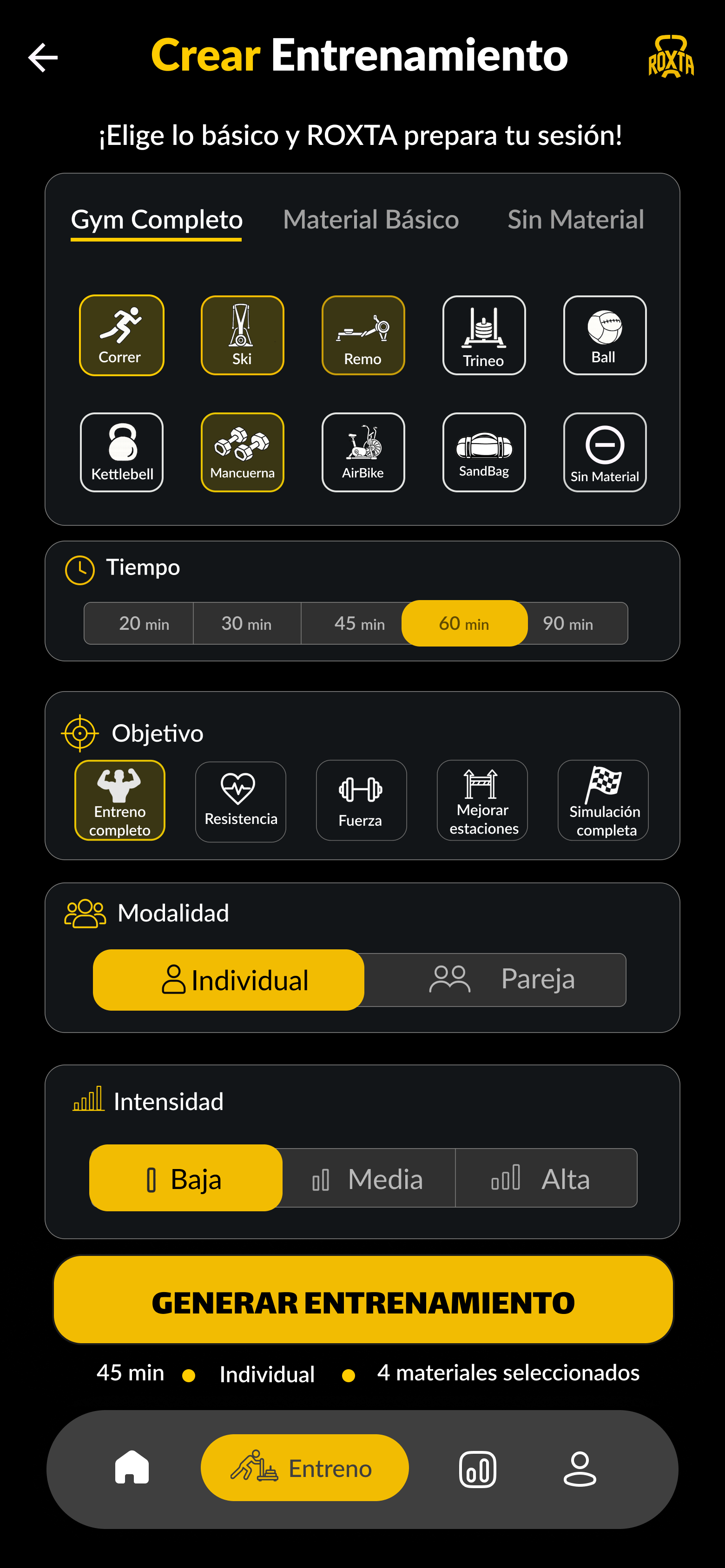Pantalla Crear entrenamiento de ROXTA